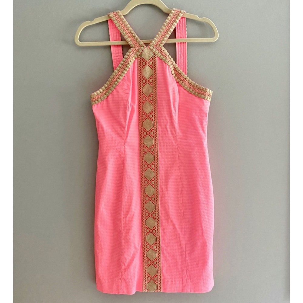 Lilly Pulitzer Hot Pink Shift Dress w/ Gold Detail
